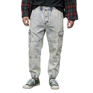 Vtg 80s Bugle Boy Acid Wash Denim Jogger Pants Elastic Drawstring Cargo Men's M